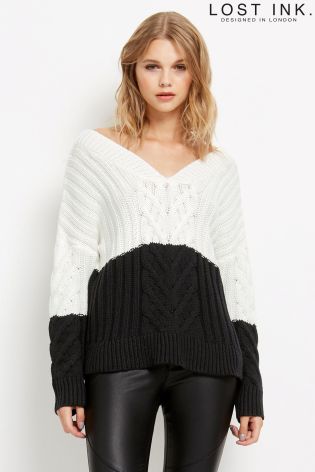 Lost Ink Colour Block V Neck Jumper